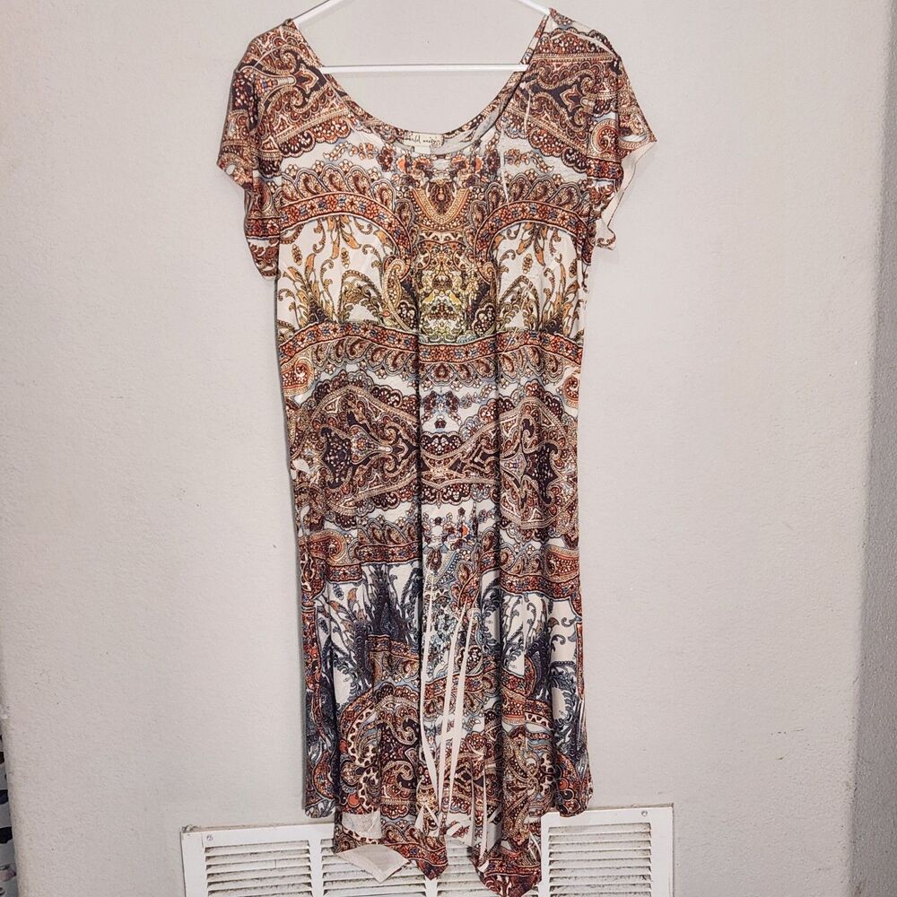 World Unity Paisley Boho Swing Dress Womens Large Handkerchief Hem Stretch
